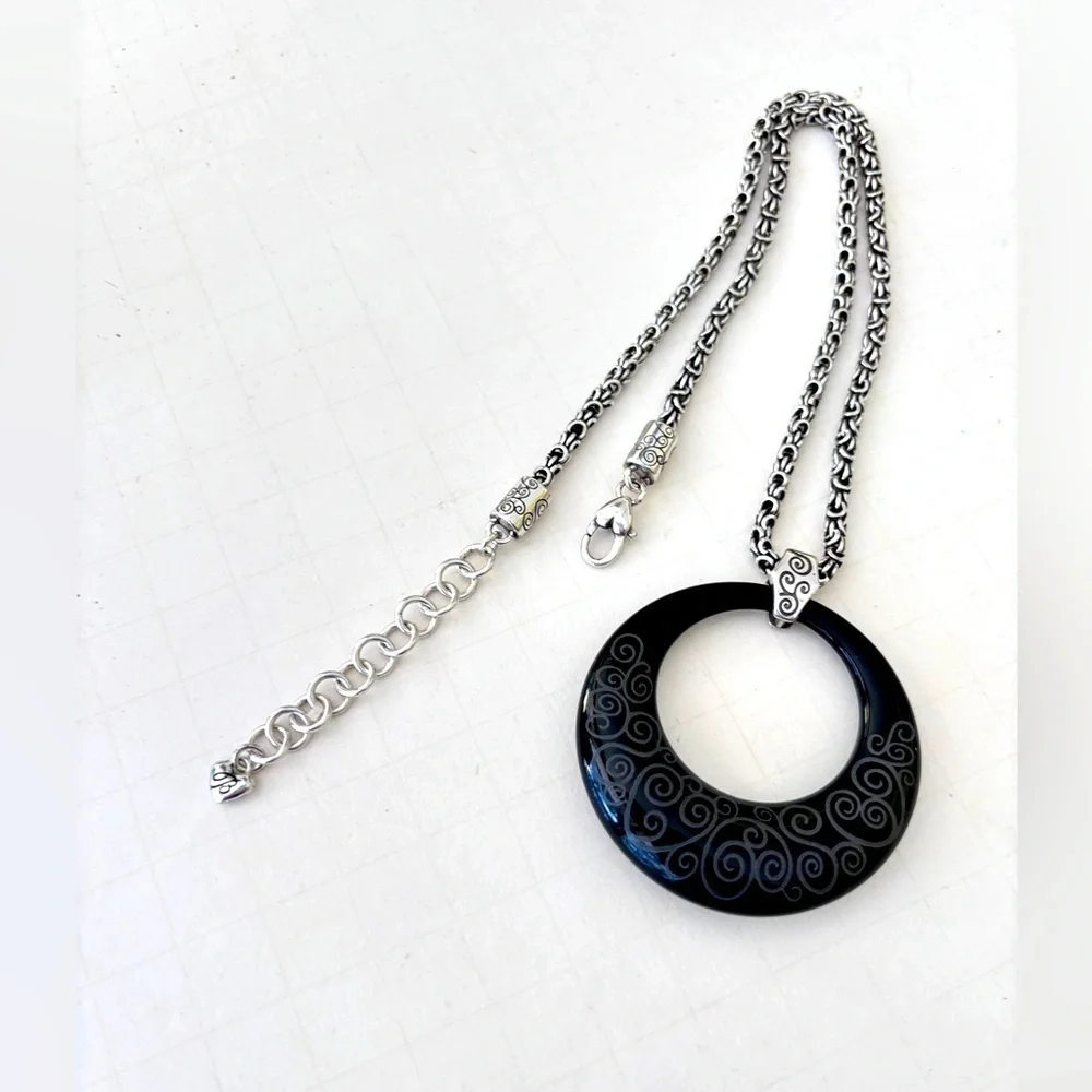 Brighton Round Lava Lounge Lucite Black Silver Scroll Design Pendant Necklace.